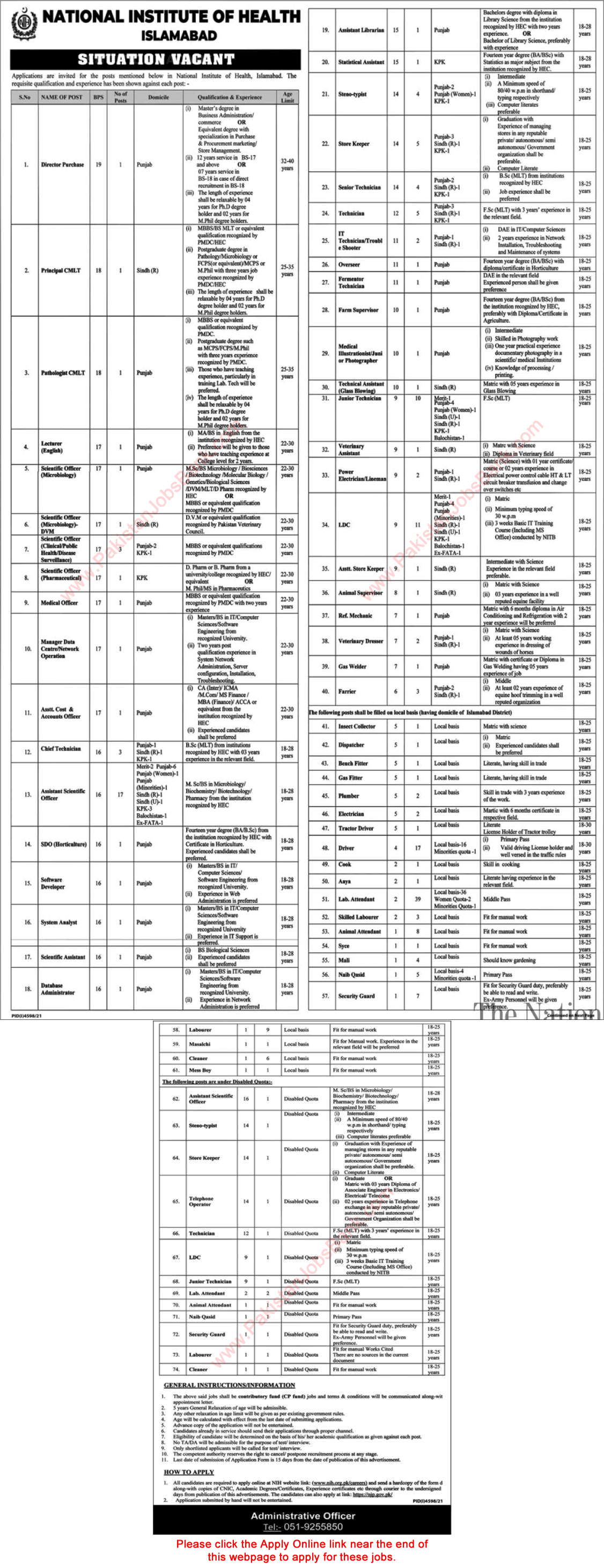 National Institute of Health Islamabad Jobs 2022 NIH Apply Online Lab